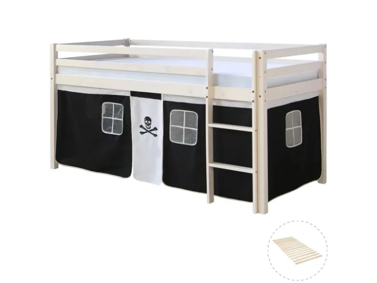 Homestyle4u Hochbett 90x200 mit Vorhang und Lattenrost in Weiß Pirat 2538* Betten