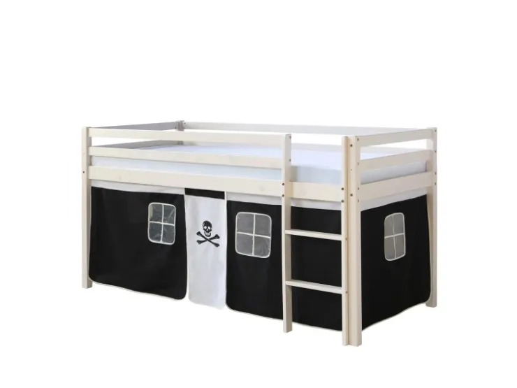 Homestyle4u Hochbett 90x200 mit Vorhang und Lattenrost in Weiß Pirat 2538* Betten