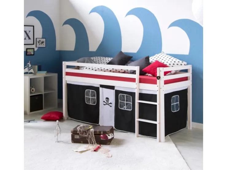 Homestyle4u Hochbett 90x200 mit Vorhang und Lattenrost in Weiß Pirat 2538* Betten