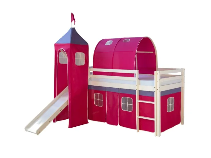 Homestyle4u Hochbett 90x200 mit Vorhang Lattenrost Rutsche Tunnel und Turm in Weiß 2579