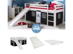 Homestyle4u Hochbett 90x200 mit Vorhang Lattenrost Matratze Rutsche in Weiß Pirat 2546* Bettwäsche