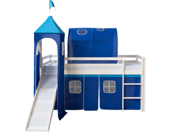Homestyle4u Hochbett 90x200 Weiß mit Rutsche Vorhang 1576