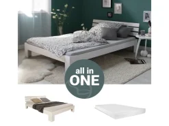 Homestyle4u Holzbett 140 x 200 cm mit Lattenrost und Matratze in Weiß 2263* Betten