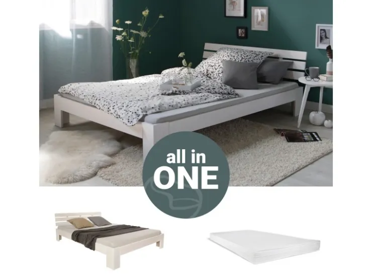 Homestyle4u Holzbett 140 x 200 cm mit Lattenrost und Matratze in Weiß 2263* Betten
