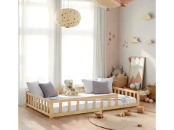 Homestyle4u Kinderbett Natur mit Rausfallschutz 120x200 cm Bodenbett Lattenrost 2839* Betten