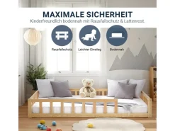 Homestyle4u Kinderbett Natur mit Rausfallschutz 120x200 cm Bodenbett Lattenrost 2839* Betten
