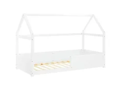 Homestyle4u Kinderbett Weiß Hausbett mit Rausfallschutz 90x200 cm Bodenbett 2811