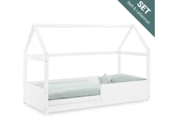 Homestyle4u Kinderbett Weiß Hausbett mit Rausfallschutz 90x200 cm Bodenbett 2811