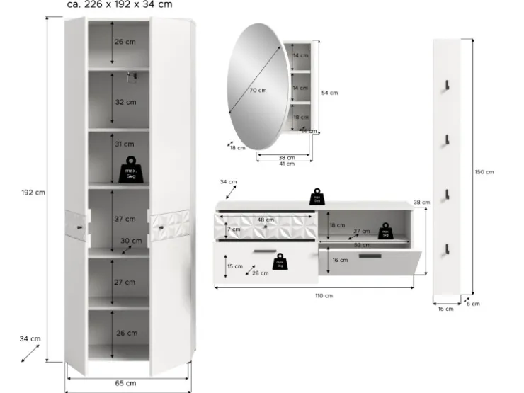 Inn.Furn Garderoben-Set in Weiß Hochglanz 226 cm Relief* Möbelserien