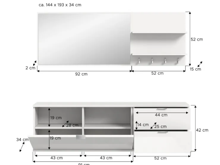 Inn.Furn Garderoben-Set 4-teilig in Weiß Hochglanz 144 cm SystemX* Möbelserien