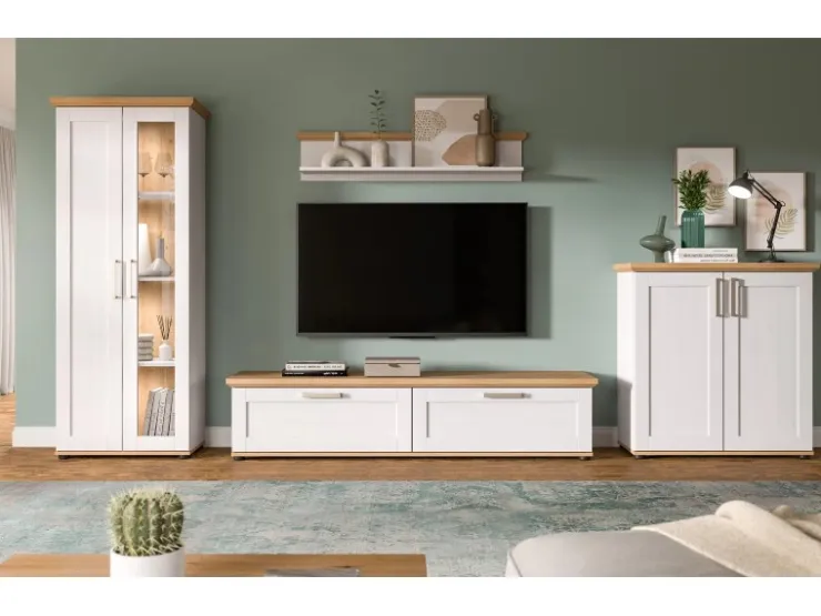 Inn.Furn Wohnwand in Weiß Lärche Landhaus 4-teilig 336 cm Mirano