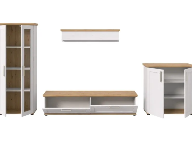 Inn.Furn Wohnwand in Weiß Lärche Landhaus 4-teilig 336 cm Mirano