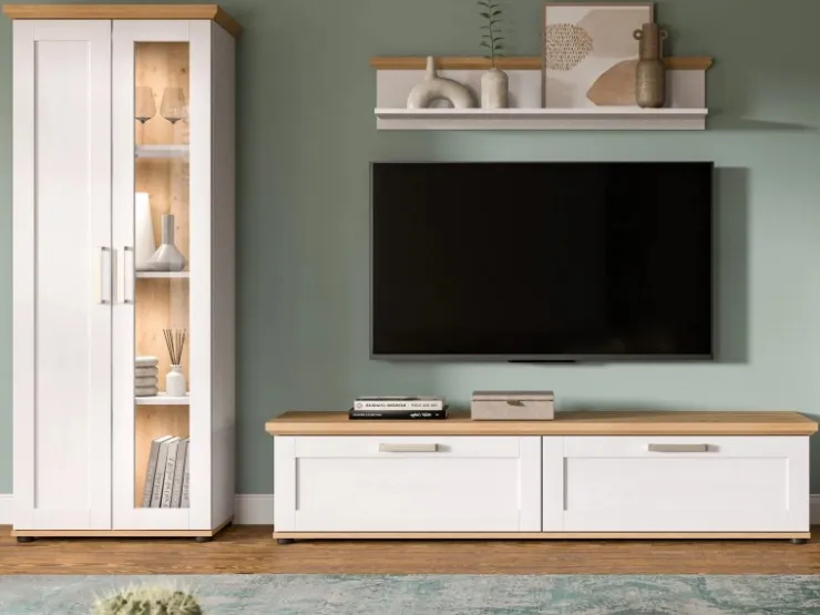 Inn.Furn Wohnwand 3-teilig in Weiß Lärche Landhaus 240 cm Mirano* Schweberegale