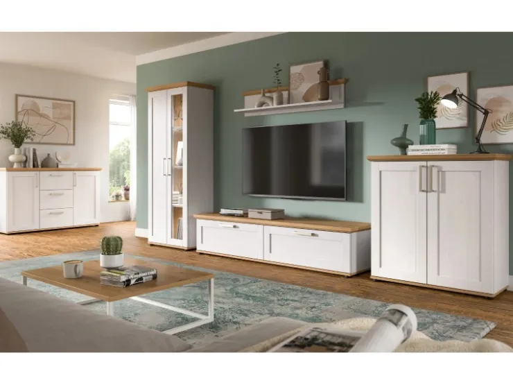 Inn.Furn Wohnwand 3-teilig in Weiß Lärche Landhaus 240 cm Mirano* Schweberegale