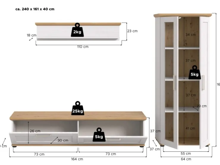 Inn.Furn Wohnwand 3-teilig in Weiß Lärche Landhaus 240 cm Mirano* Schweberegale