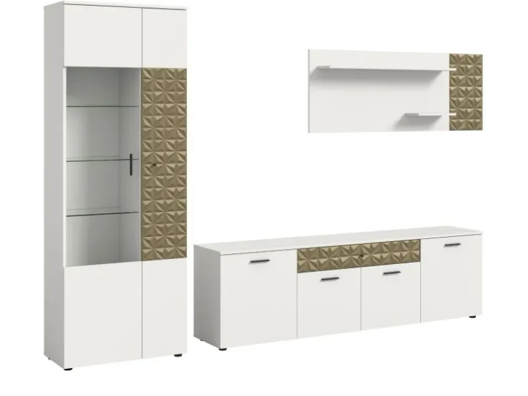 Inn.Furn Wohnwand Weiß Gold 3-teilig 305 cm Fühlbare 3D-Struktur Relief* Schweberegale|Wohnwände
