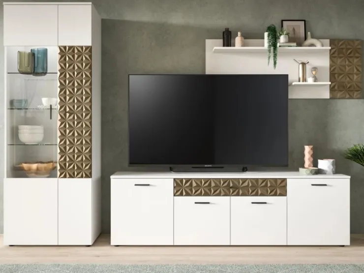 Inn.Furn Wohnwand Weiß Gold 3-teilig 305 cm Fühlbare 3D-Struktur Relief* Schweberegale|Wohnwände