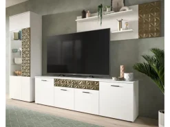Inn.Furn Wohnwand Weiß Gold 3-teilig 305 cm Fühlbare 3D-Struktur Relief* Schweberegale|Wohnwände