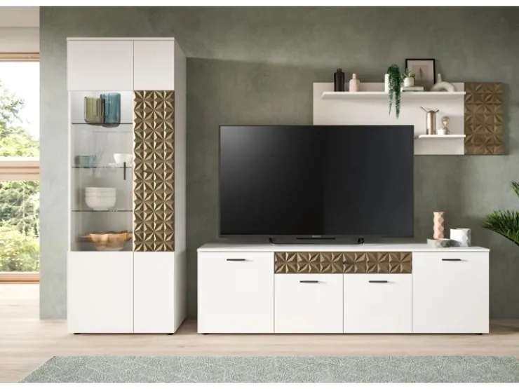 Inn.Furn Wohnwand Weiß Gold 3-teilig 305 cm Fühlbare 3D-Struktur Relief* Schweberegale|Wohnwände