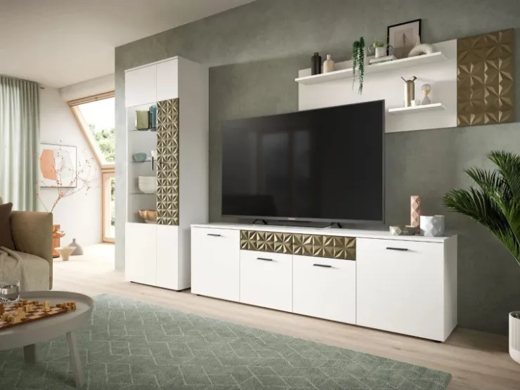 Inn.Furn Wohnwand Weiß Gold 3-teilig 305 cm Fühlbare 3D-Struktur Relief* Schweberegale|Wohnwände