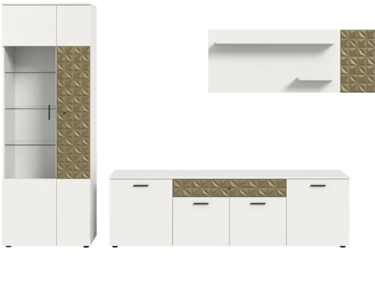 Inn.Furn Wohnwand Weiß Gold 3-teilig 305 cm Fühlbare 3D-Struktur Relief* Schweberegale|Wohnwände