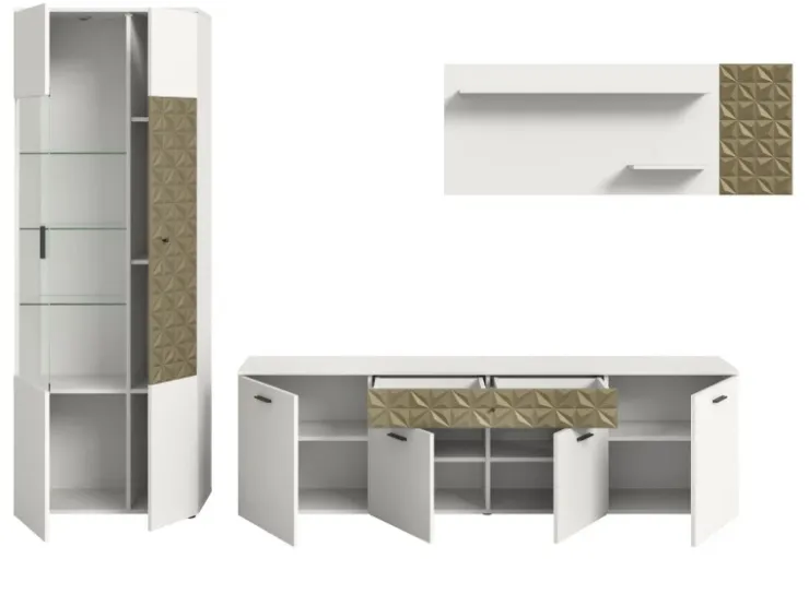 Inn.Furn Wohnwand Weiß Gold 3-teilig 305 cm Fühlbare 3D-Struktur Relief* Schweberegale|Wohnwände