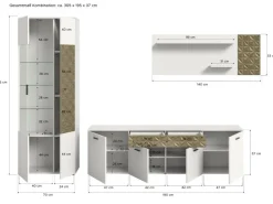 Inn.Furn Wohnwand Weiß Gold 3-teilig 305 cm Fühlbare 3D-Struktur Relief* Schweberegale|Wohnwände