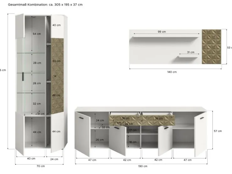 Inn.Furn Wohnwand Weiß Gold 3-teilig 305 cm Fühlbare 3D-Struktur Relief* Schweberegale|Wohnwände