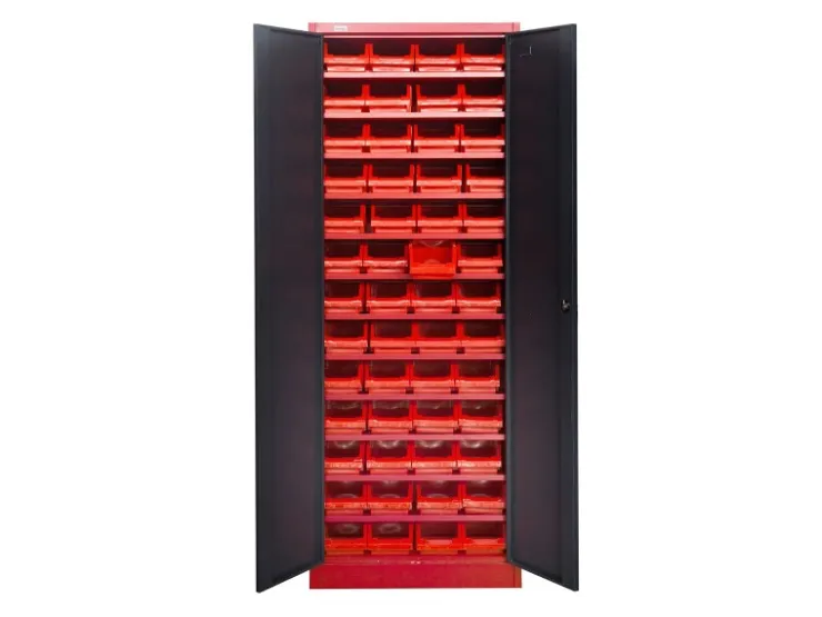 Jet-Line Kleinteileschrank Kirow in Anthrazit-Rot 67 cm Breit Inclusive 52 Stapelboxen* Büroregale