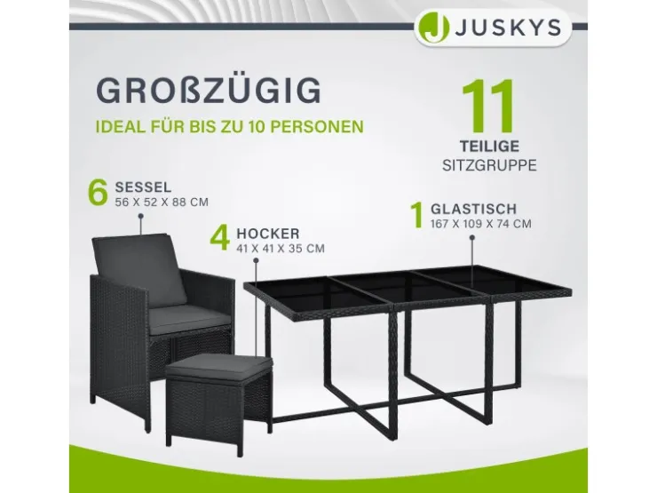 Juskys Polyrattan Essgruppe Baracoa XL 11 Teilig Schwarz
