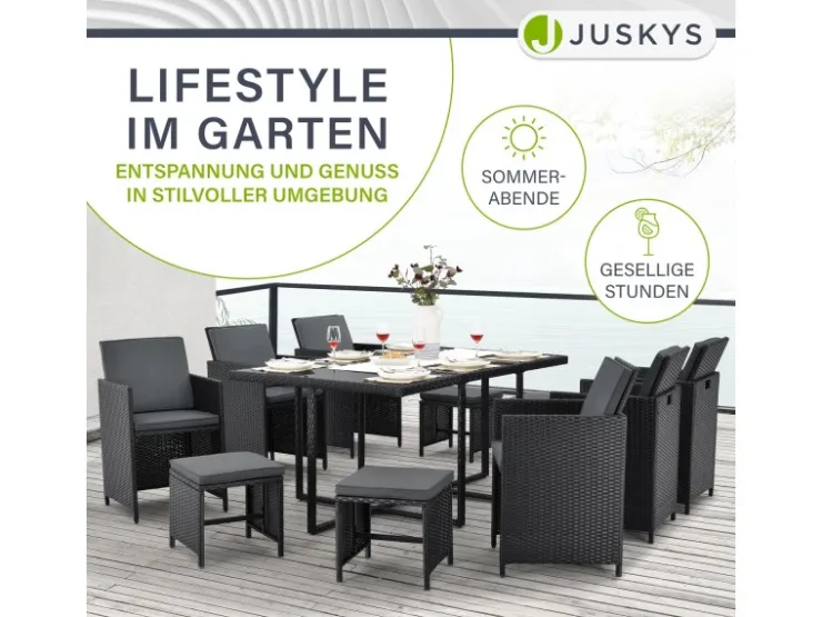 Juskys Polyrattan Essgruppe Baracoa XL 11 Teilig Schwarz