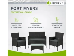 Juskys Polyrattan Gartenmöbel Sitzgruppe Fort Myers Schwarz und Dunkelgraue Bezüge* Kissen|Sessel