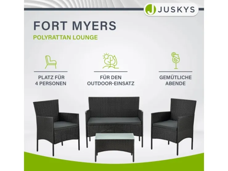 Juskys Polyrattan Gartenmöbel Sitzgruppe Fort Myers Schwarz und Dunkelgraue Bezüge* Kissen|Sessel