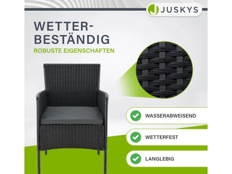 Juskys Polyrattan Gartenmöbel Sitzgruppe Fort Myers Schwarz und Dunkelgraue Bezüge* Kissen|Sessel
