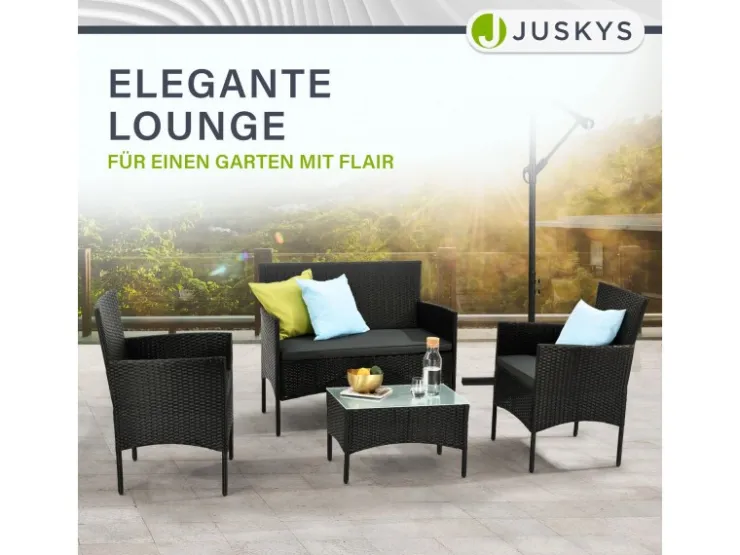 Juskys Polyrattan Gartenmöbel Sitzgruppe Fort Myers Schwarz und Dunkelgraue Bezüge* Kissen|Sessel