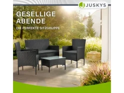 Juskys Polyrattan Gartenmöbel Sitzgruppe Fort Myers Schwarz und Dunkelgraue Bezüge* Kissen|Sessel