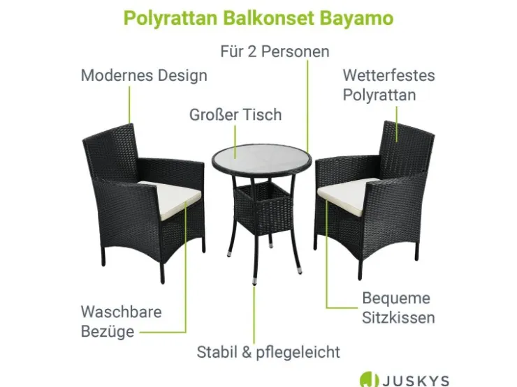 Juskys Polyrattan Gartenmöbel Balkon Set Bayamo in Schwarz mit Bezügen in Beige