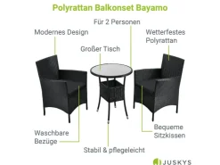 Juskys Polyrattan Gartenmöbel Balkon Set Bayamo in Schwarz mit Bezügen in Dunkelgrau* Kissen|Stühle