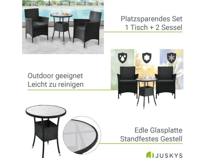 Juskys Polyrattan Gartenmöbel Balkon Set Bayamo in Schwarz mit Bezügen in Dunkelgrau* Kissen|Stühle