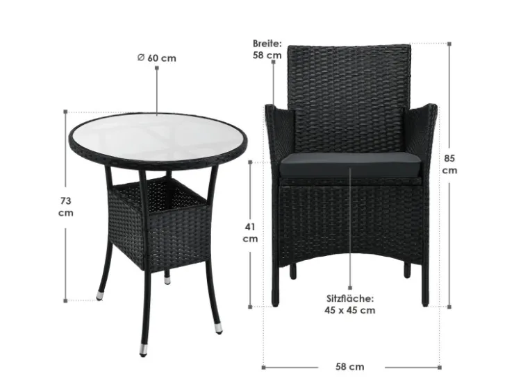 Juskys Polyrattan Gartenmöbel Balkon Set Bayamo in Schwarz mit Bezügen in Dunkelgrau* Kissen|Stühle