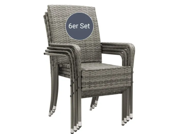 Juskys Polyrattan Gartenstühle Yoro 6er Set Stapelbar mit Armlehnen Grau Meliert* Stühle