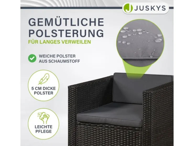 Juskys Polyrattan Lounge Sitzgarnitur Punta Cana L Schwarz mit Bezügen in Dunkelgrau