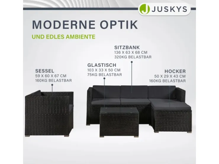 Juskys Polyrattan Lounge Sitzgarnitur Punta Cana L Schwarz mit Bezügen in Dunkelgrau