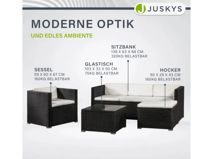 Juskys Polyrattan Lounge Sitzgarnitur Punta Cana L Schwarz mit Bezügen in Creme* Kissenbezüge