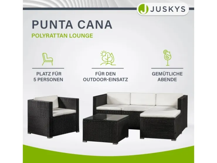 Juskys Polyrattan Lounge Sitzgarnitur Punta Cana L Schwarz mit Bezügen in Creme* Kissenbezüge