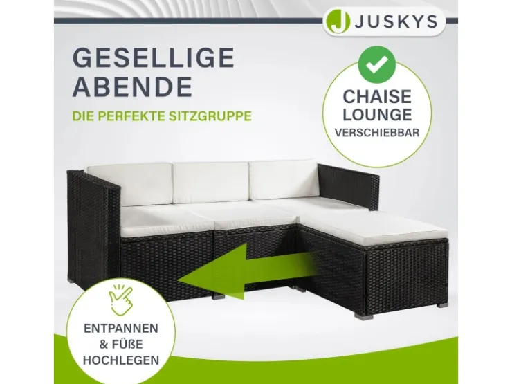Juskys Polyrattan Lounge Sitzgarnitur Punta Cana L Schwarz mit Bezügen in Creme* Kissenbezüge
