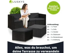 Juskys Polyrattan Lounge Sitzgarnitur Punta Cana M Schwarz mit Bezügen in Dunkelgrau