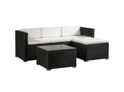 Juskys Polyrattan Lounge Sitzgarnitur Punta Cana M Schwarz mit Bezügen in Creme* Kissen|Hocker
