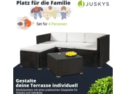 Juskys Polyrattan Lounge Sitzgarnitur Punta Cana M Schwarz mit Bezügen in Creme* Kissen|Hocker