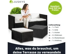 Juskys Polyrattan Lounge Sitzgarnitur Punta Cana M Schwarz mit Bezügen in Creme* Kissen|Hocker